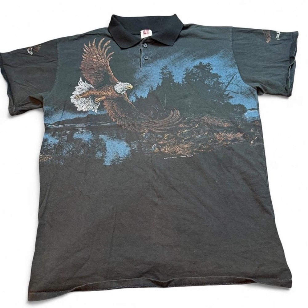 Vintage Art Unlimited all over print eagle nature single stitch polo shirt XL